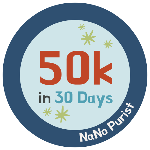 Ein blauer, runder Kreis, auf dem steht: 50k in 30 days, NaNo Purist.