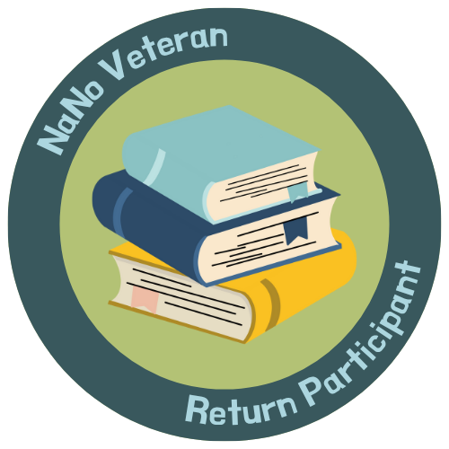 Gruner Kreis mit mit einem Stapel bunter Bücher in der Mitte. Am Rand des Kreises steht: NaNo Veteran, Return Participant.